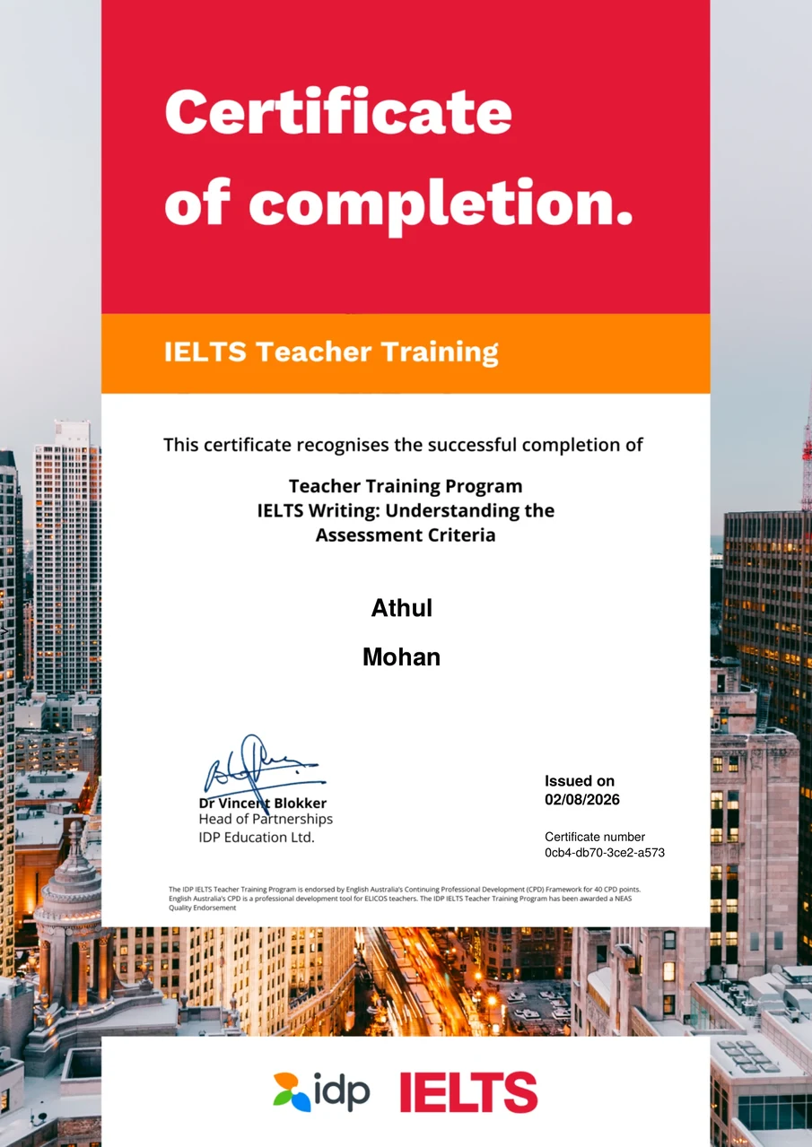 IDP IELTS Writing Teacher Training Certificate — Athul Mohan, Language-X Academy Kerala
