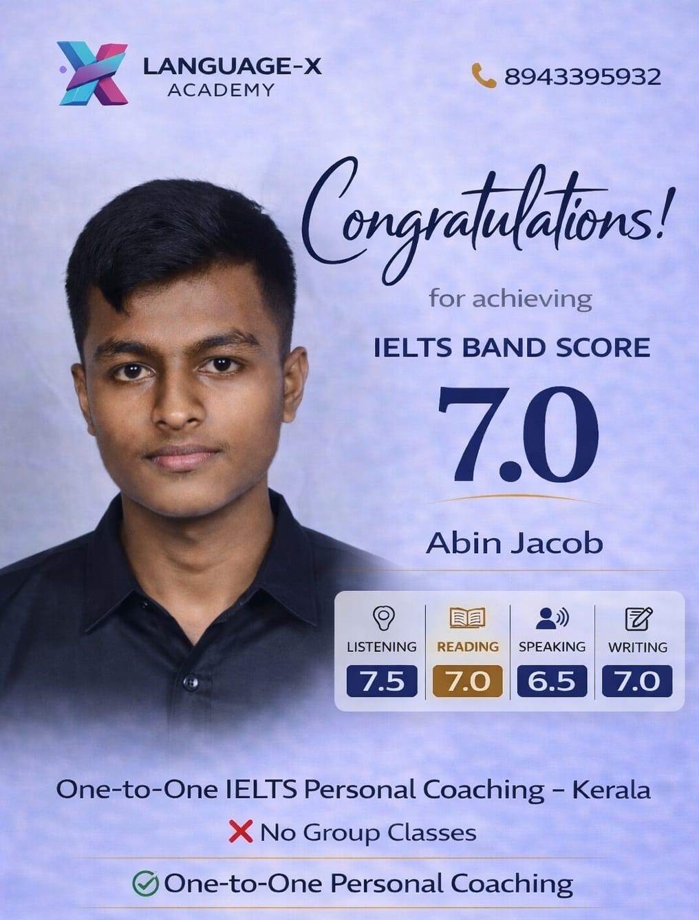 IELTS Band 7.0 Abin Jacob Language-X Academy Kerala