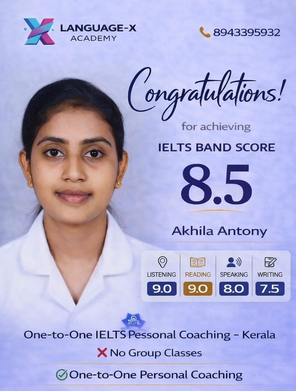 IELTS Band 8.5 Akhila Antony Language-X Academy Kerala