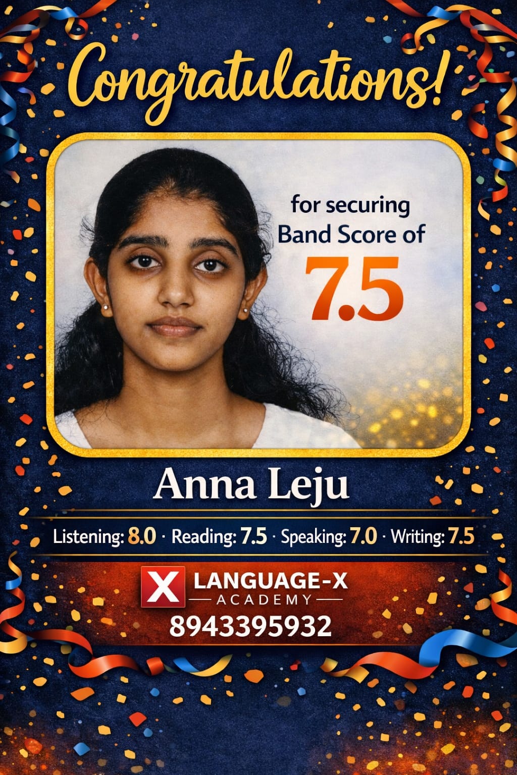 IELTS Band 7.5 Anna Leju Language-X Academy Kerala
