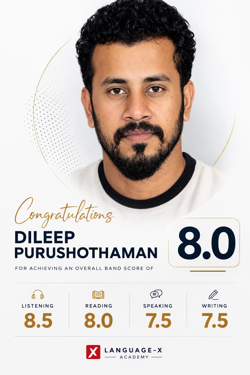 IELTS Band 8.0 Dileep Purushothaman Language-X Academy Kerala