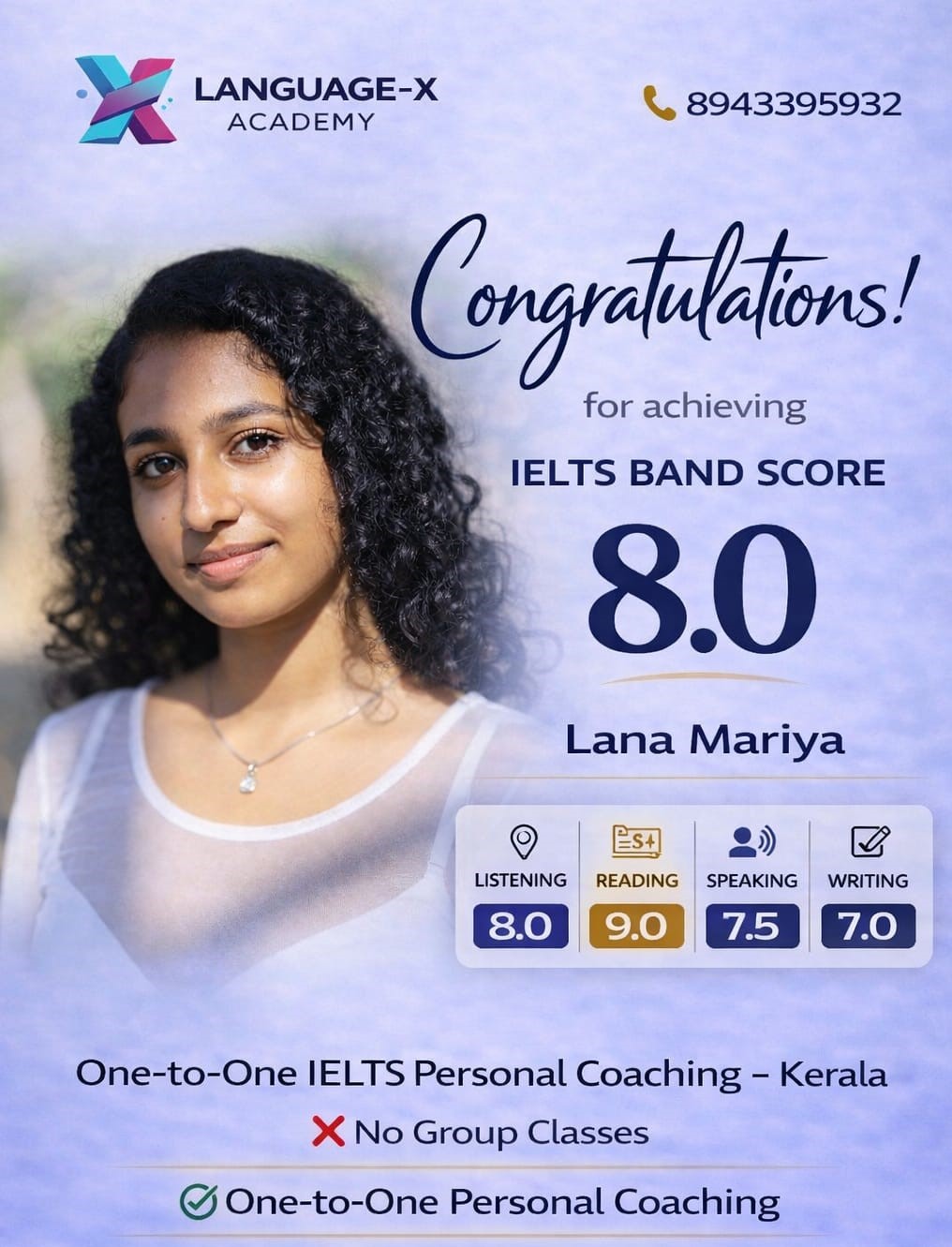 IELTS Band 8.0 Lana Mariya Language-X Academy Kerala
