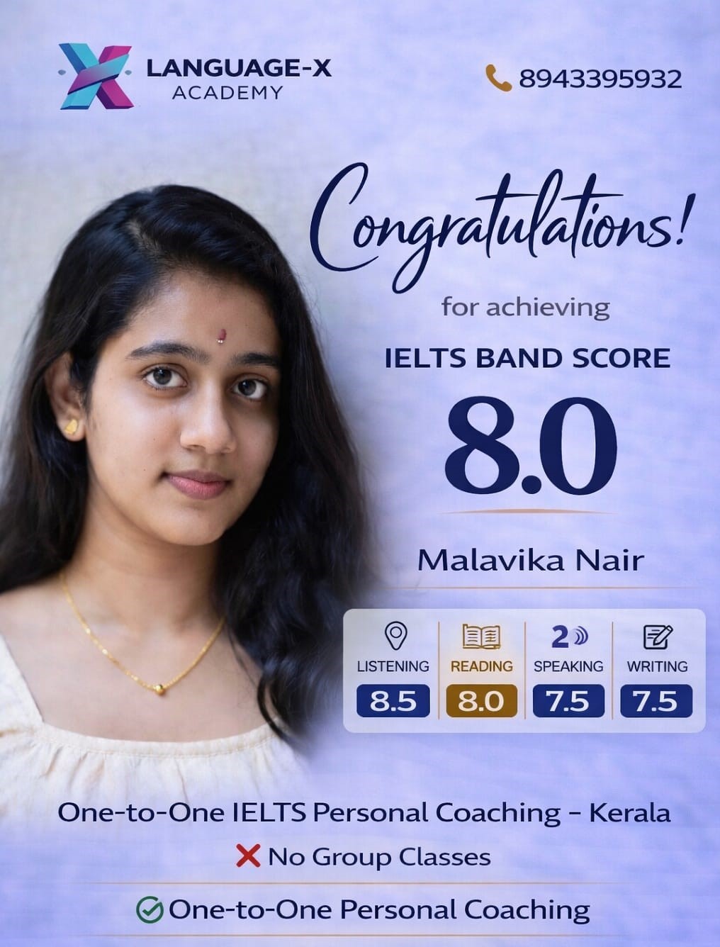 IELTS Band 8.0 Malavika Nair Language-X Academy Kerala