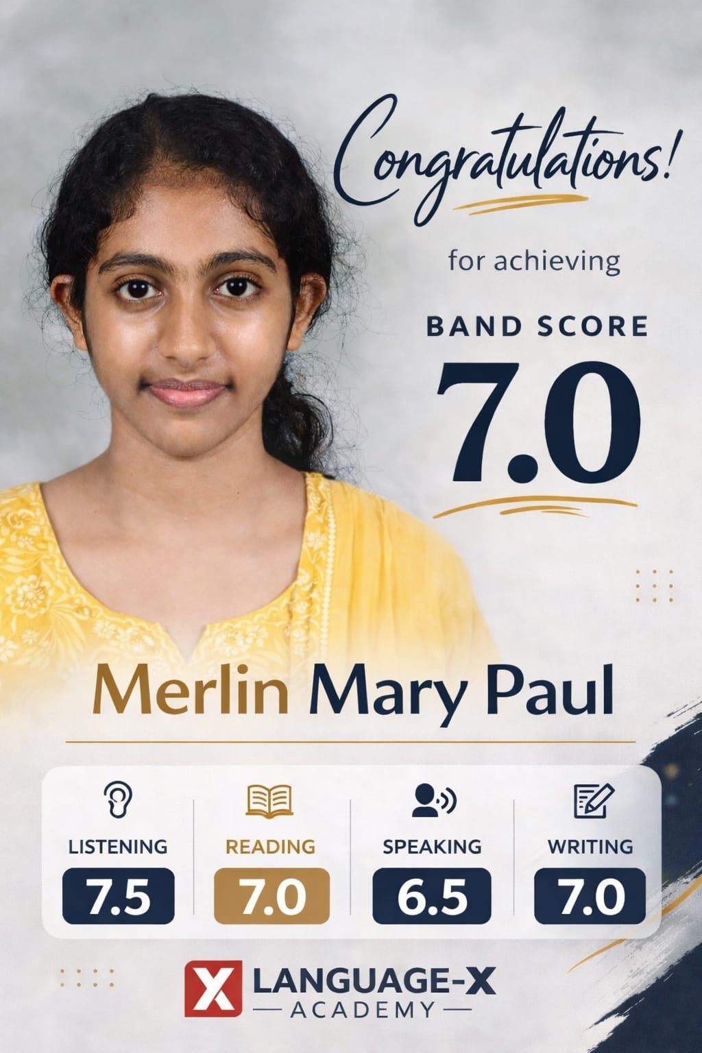 IELTS Band 7.0 Merlin Mary Paul Language-X Academy Kerala