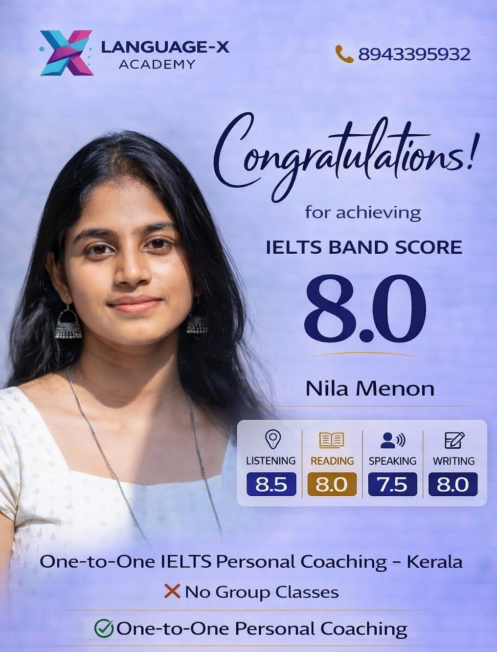 IELTS Band 8.0 Nila Menon Language-X Academy Kerala