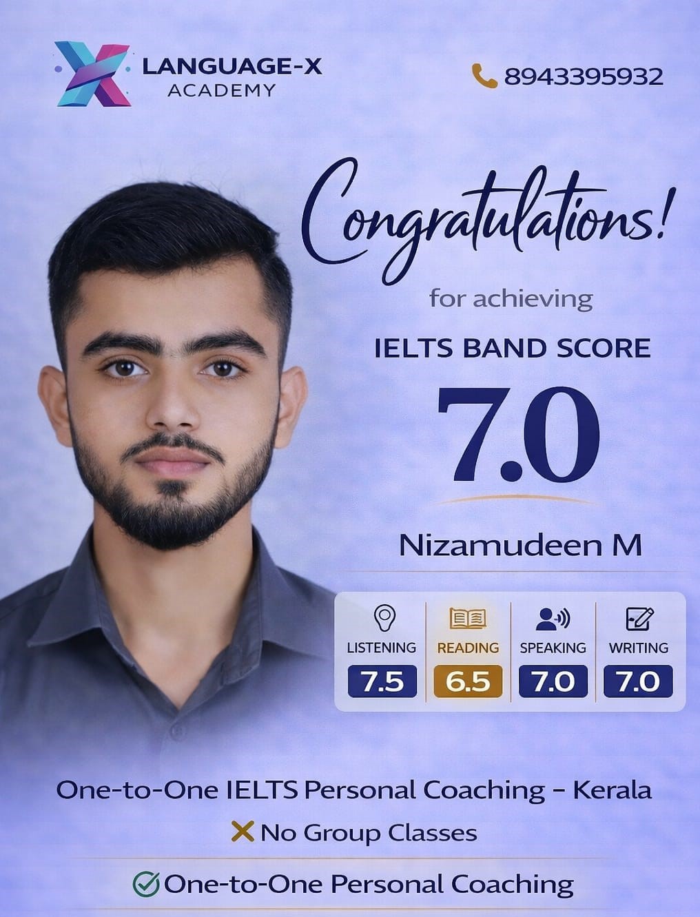 IELTS Band 7.0 Nizamudeen M Language-X Academy Kerala