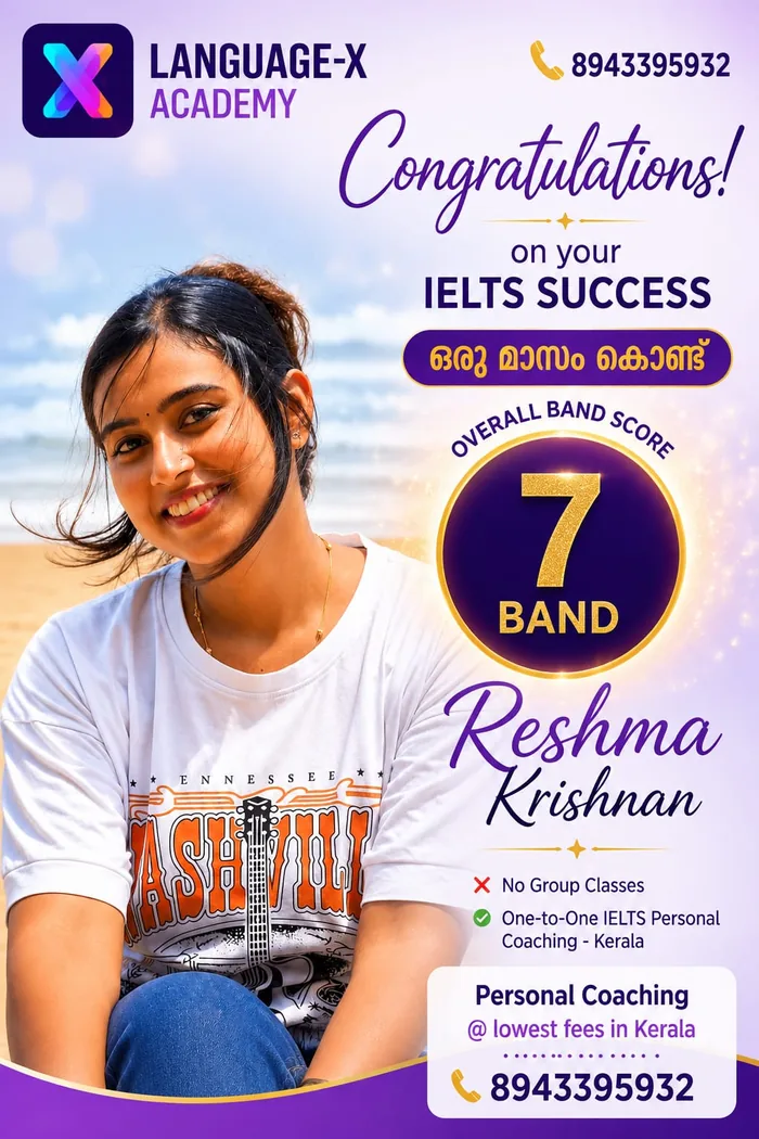 Screenshot of Reshma Krishnan's IELTS result showing an overall Band 7 score, achieved through Language-X Academy Kerala one-to-one coaching