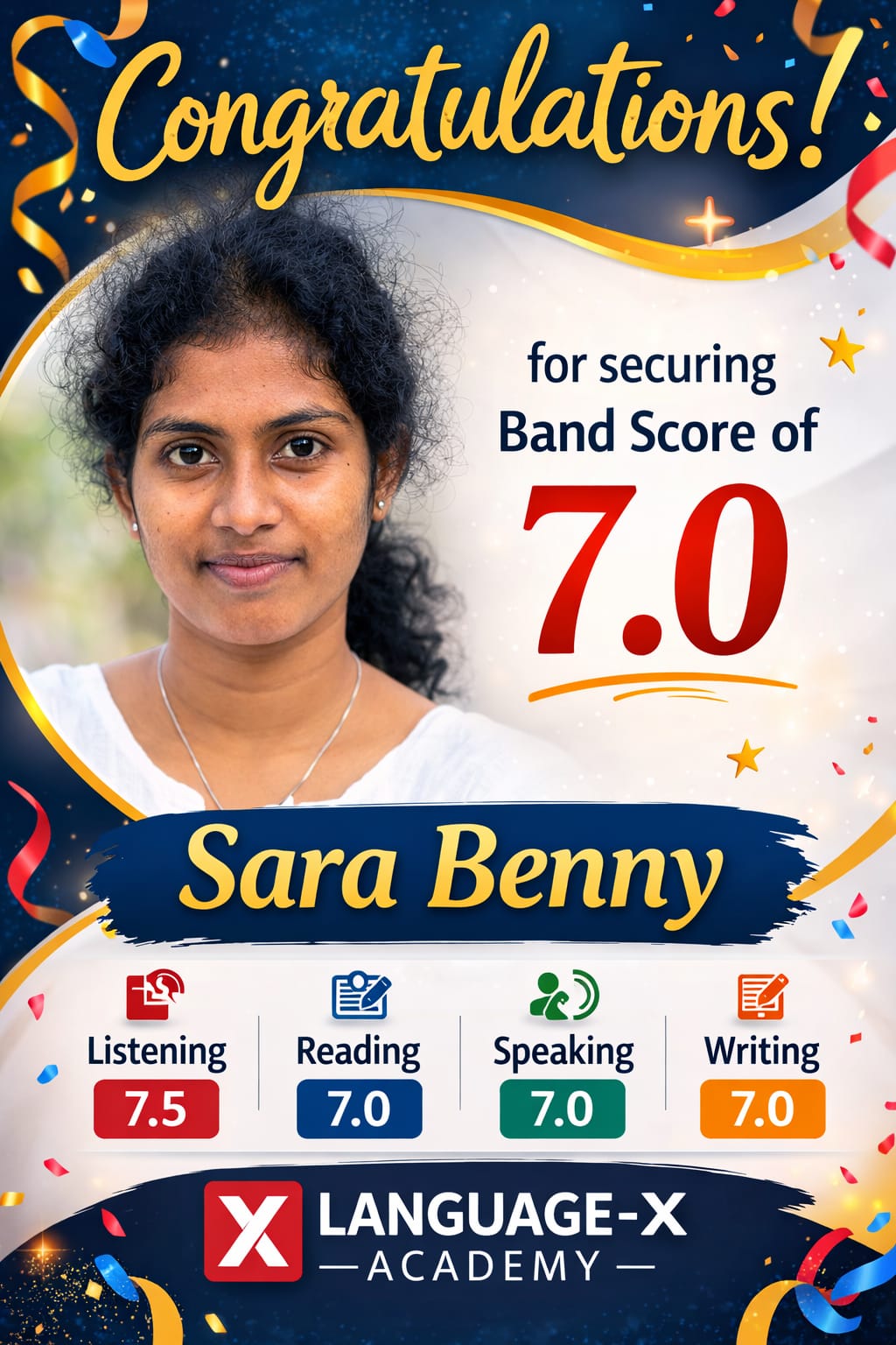 IELTS Band 7.0 Sara Benny Language-X Academy Kerala