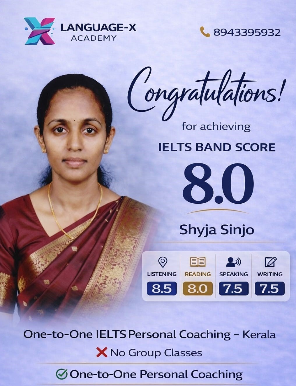 IELTS Band 8.0 Shyja Sinjo Language-X Academy Kerala