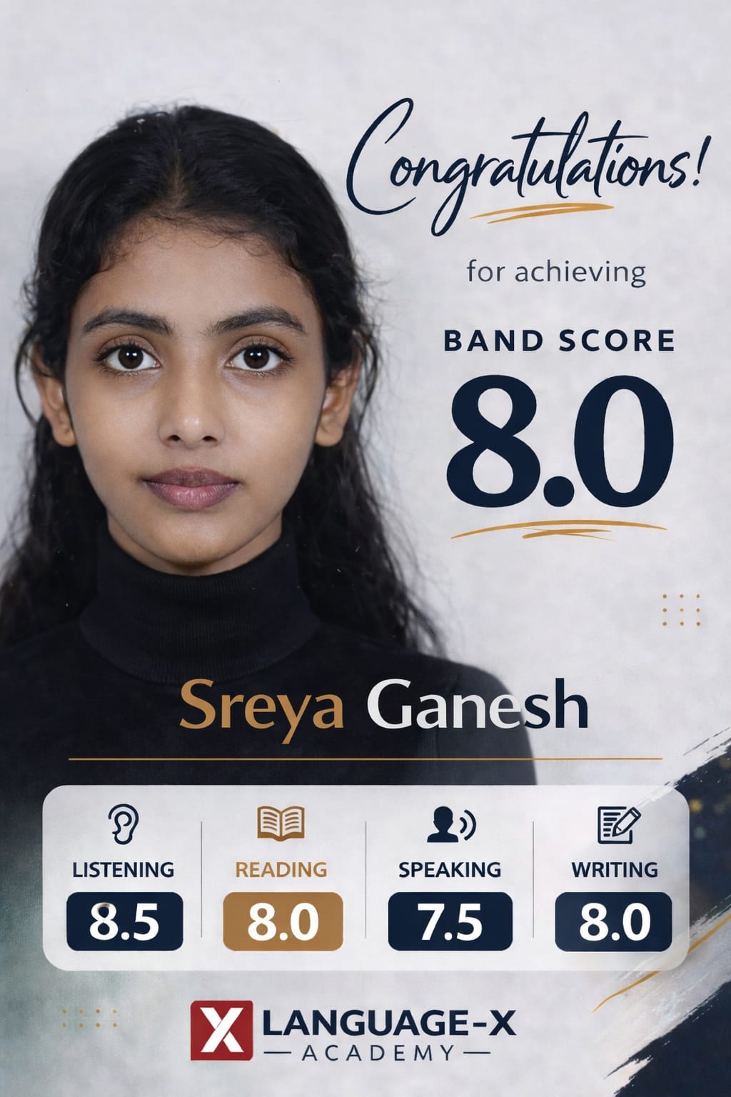 IELTS Band 8.0 Sreya Ganesh Language-X Academy Kerala