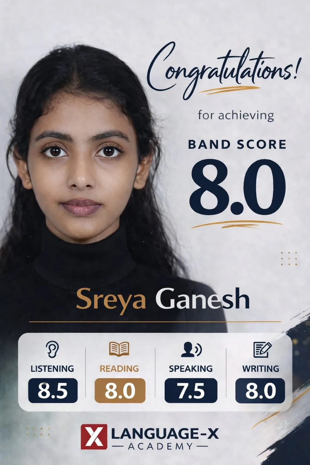 IELTS Band 8.0 Sreya Ganesh Language-X Academy Kerala