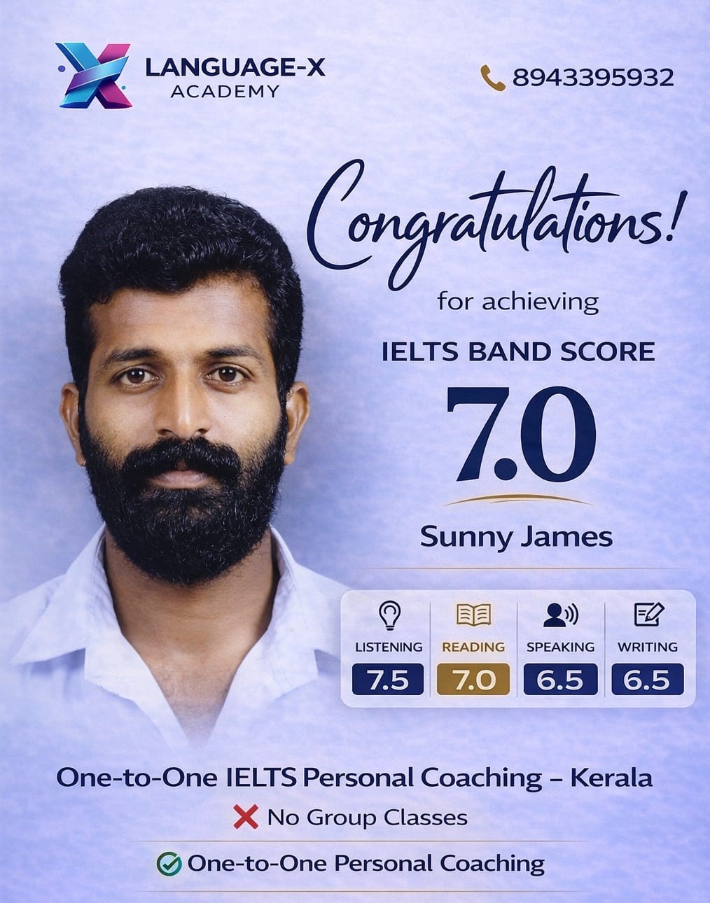 IELTS Band 7.0 Sunny James Language-X Academy Kerala