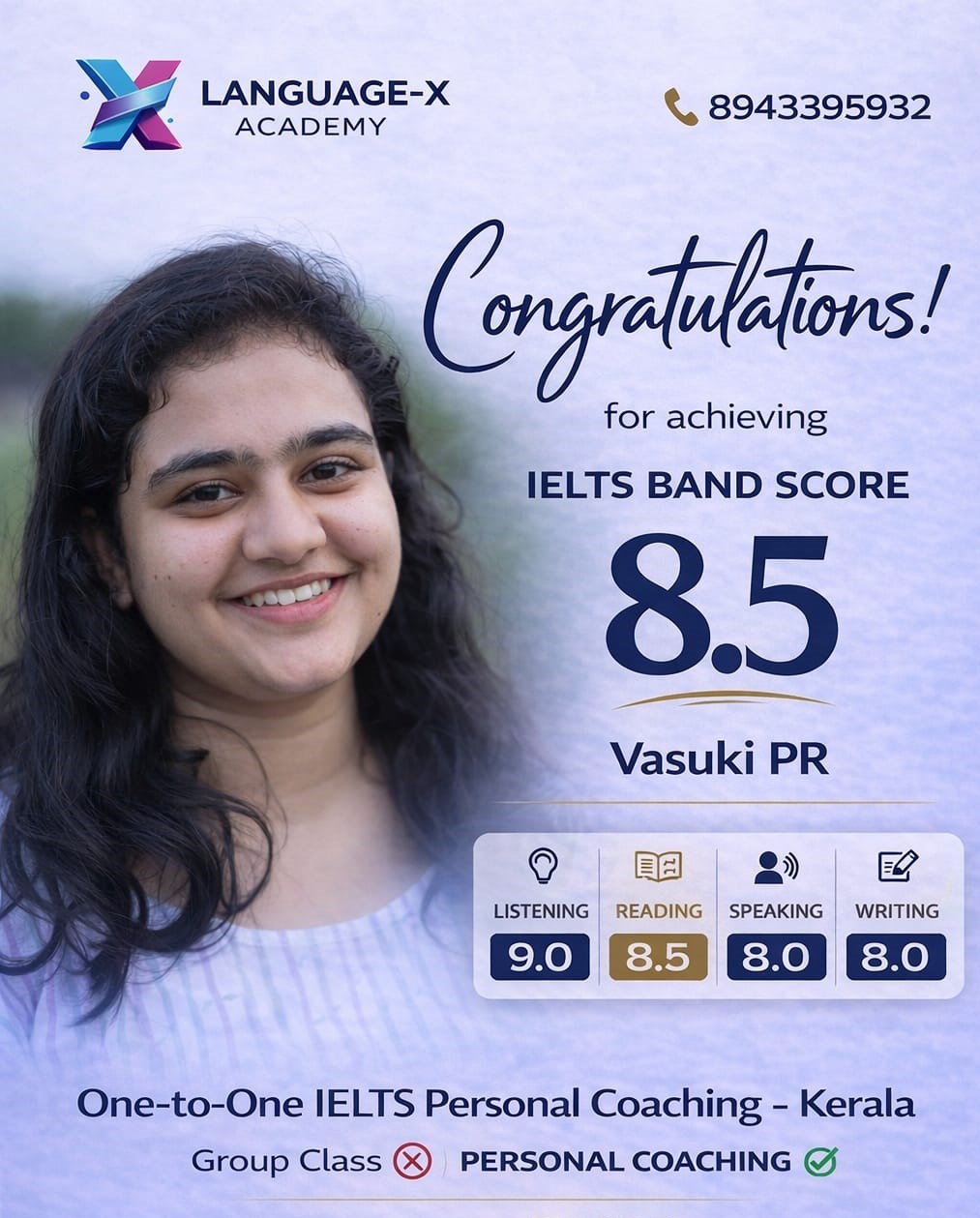IELTS Band 8.5 Vasuki PR Language-X Academy Kerala
