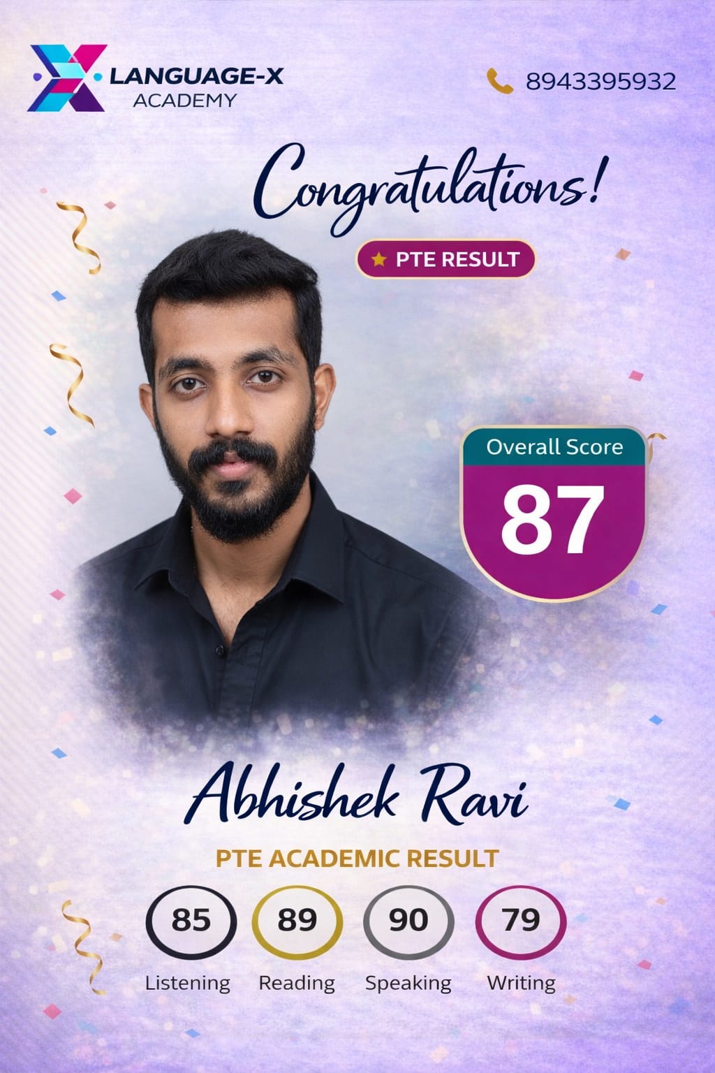 PTE Score 87 Abhishek Ravi Language-X Academy Kerala PTE Coaching Centre