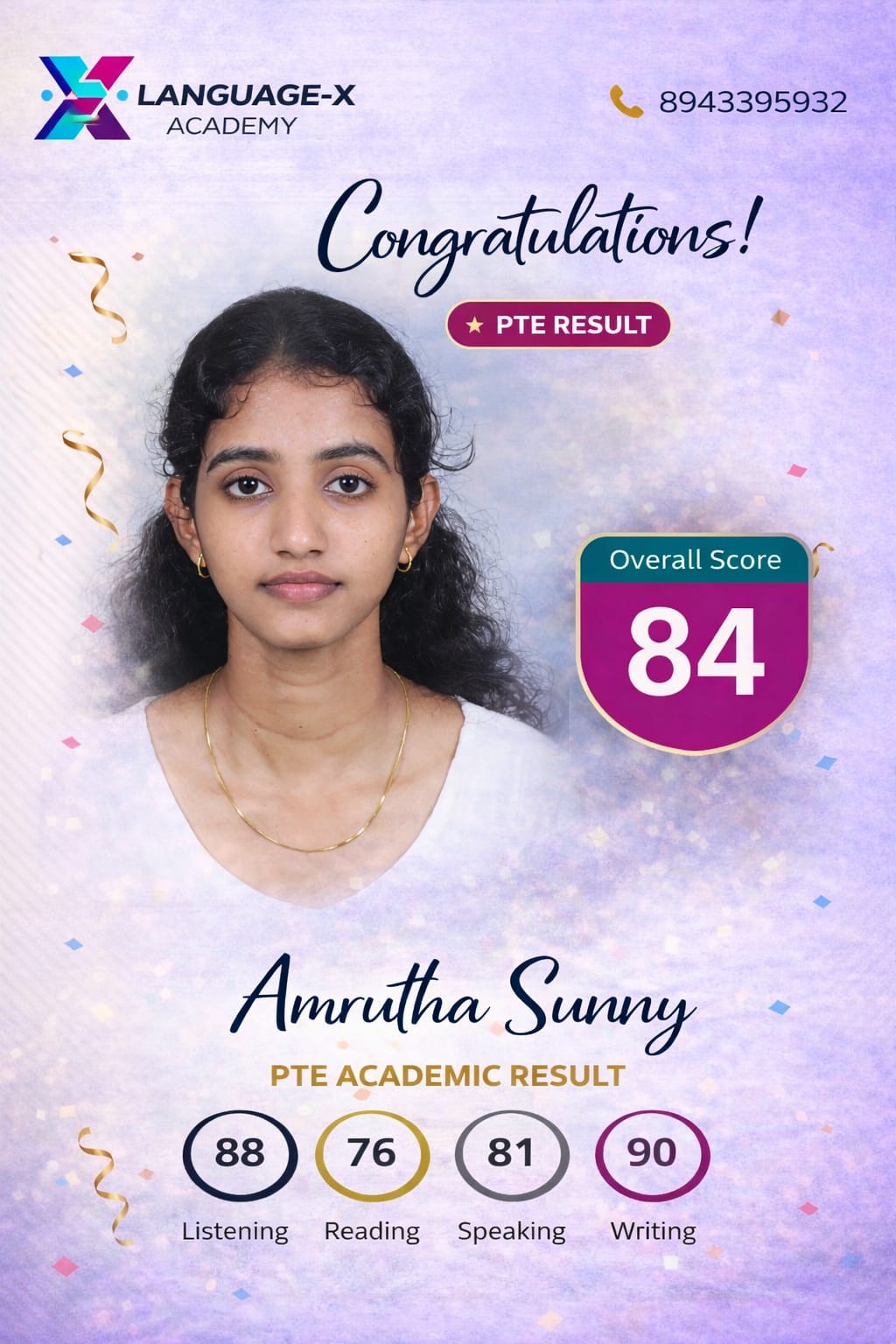 PTE Score 84 Amrutha Sunny Language-X Academy Kerala Individual PTE Coaching
