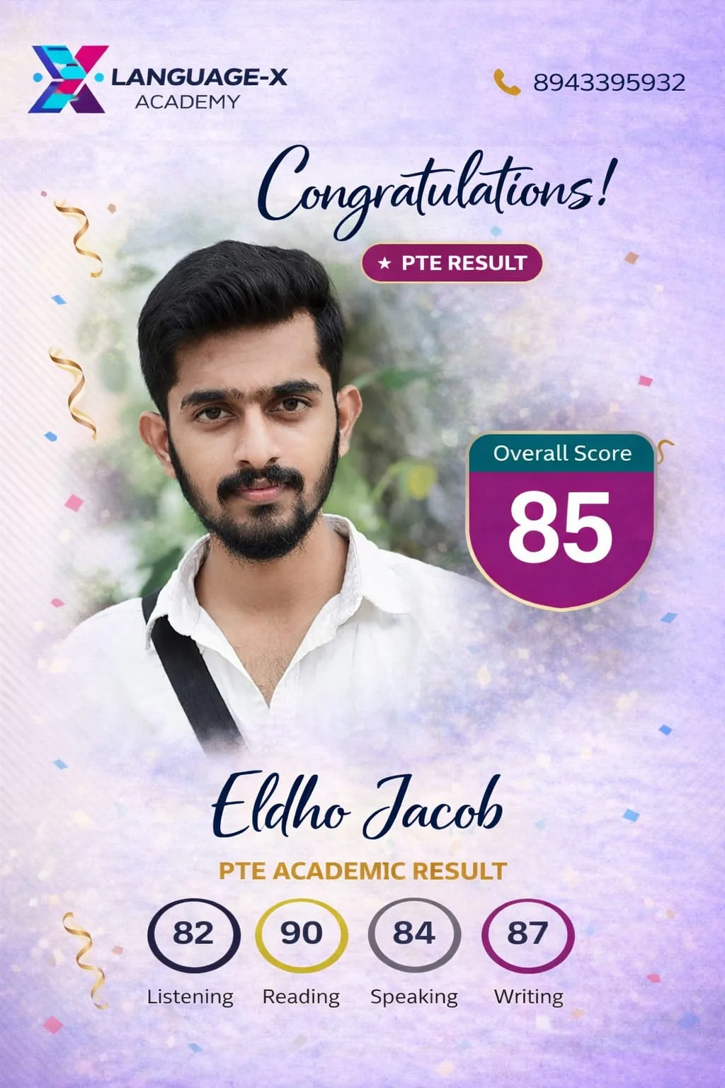 PTE Score 85 Eldho Jacob Language-X Academy Kerala Personal PTE Coaching