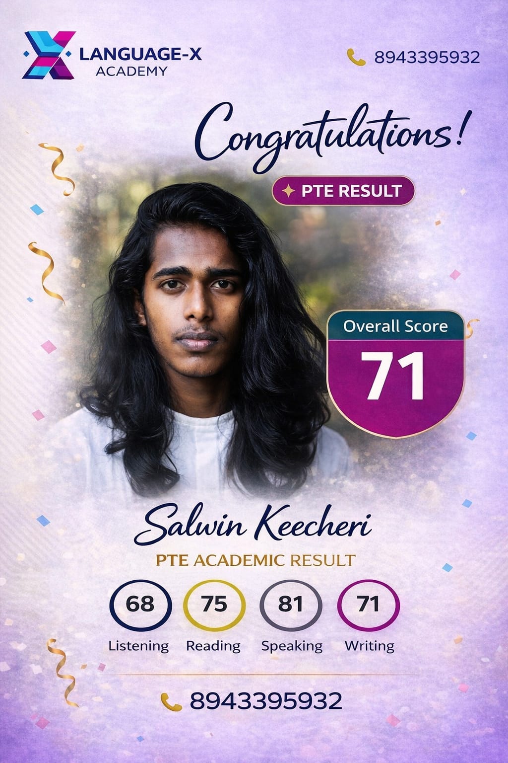 PTE Score 71 Salwin Keecheri Language-X Academy Kerala Personal PTE Coaching Centre