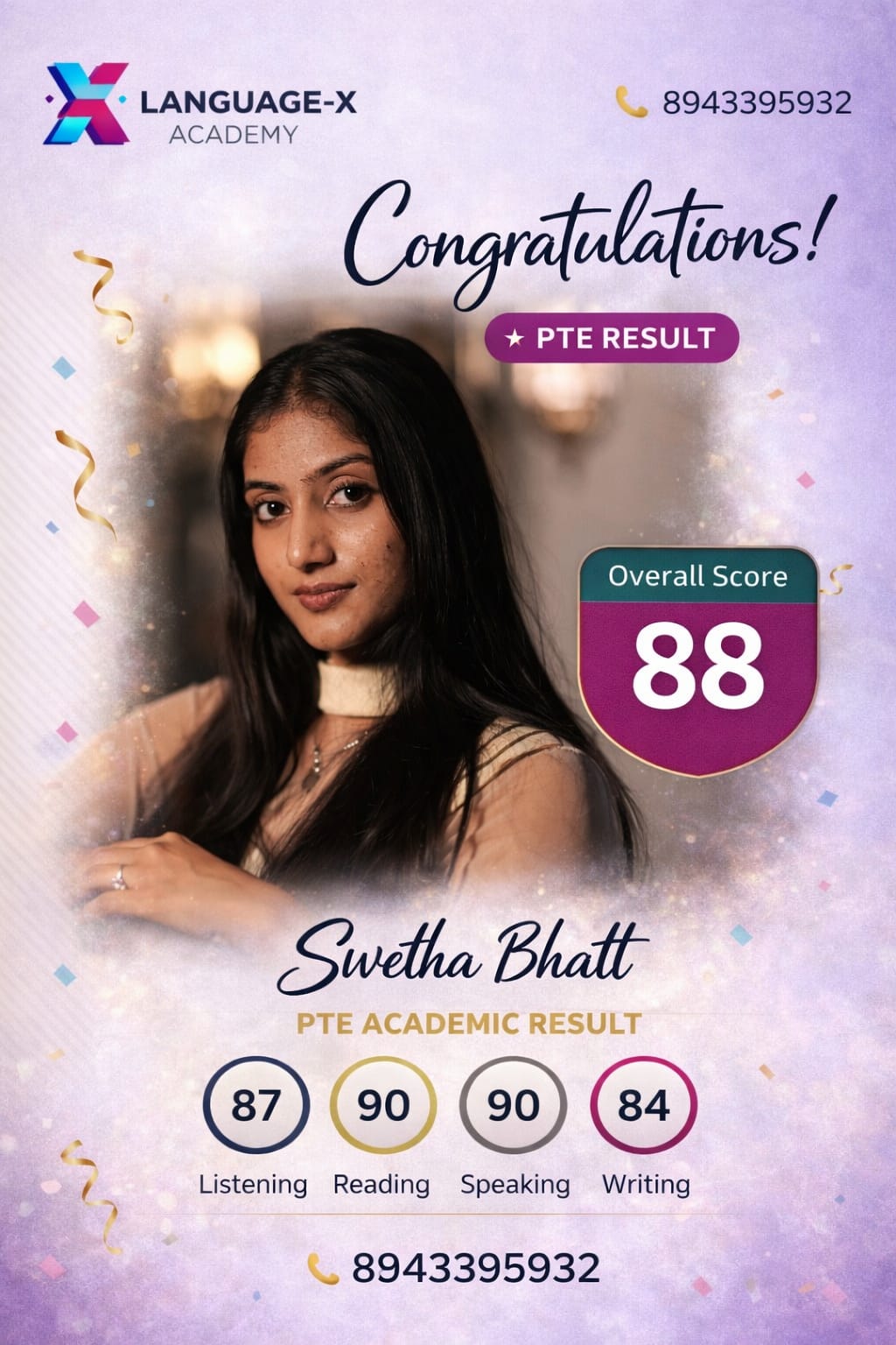 PTE Score 88 Swetha Bhatt Language-X Academy Kerala Individual PTE Coaching