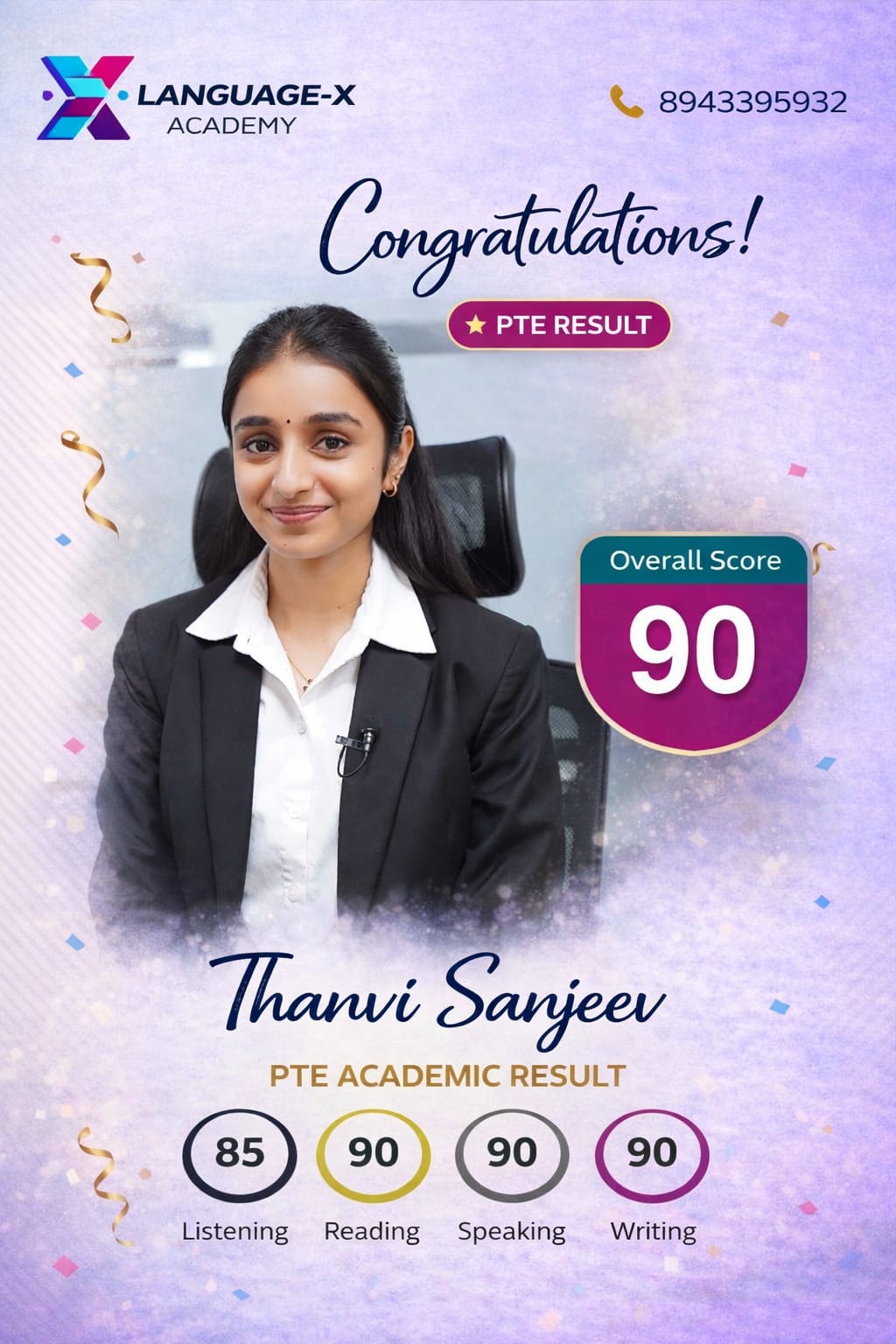 PTE Score 90 Thanvi Sanjeev Language-X Academy Kerala Personal Coaching Centre