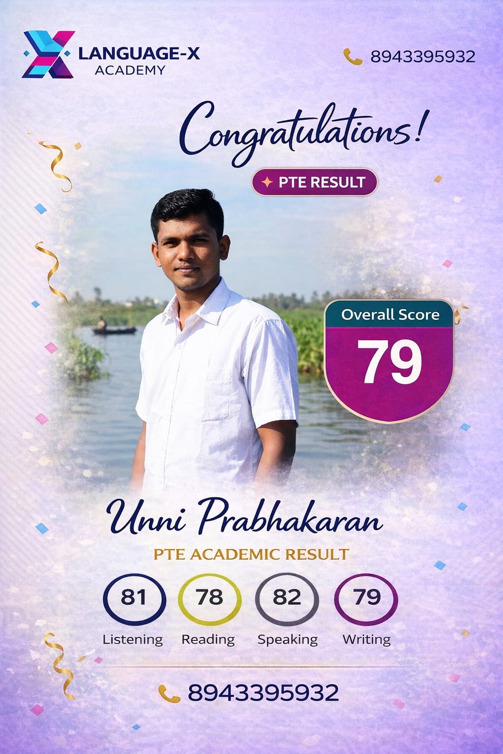 PTE Score 79 Unni Prabhakaran Language-X Academy Kerala PTE Coaching